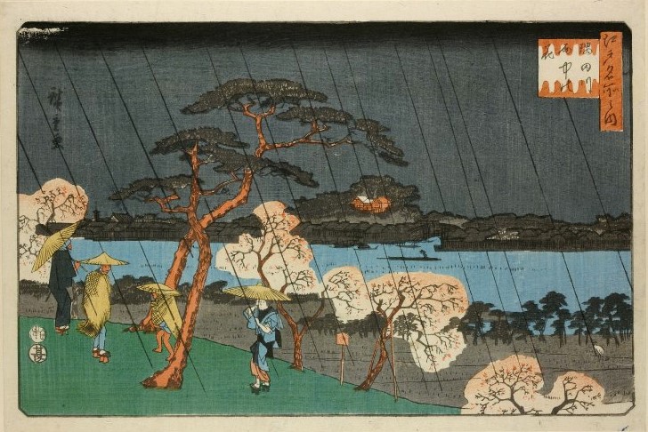 「江戸名所之内　隅田川雨中の花」（歌川広重（1840~47）大英博物館）の画像。